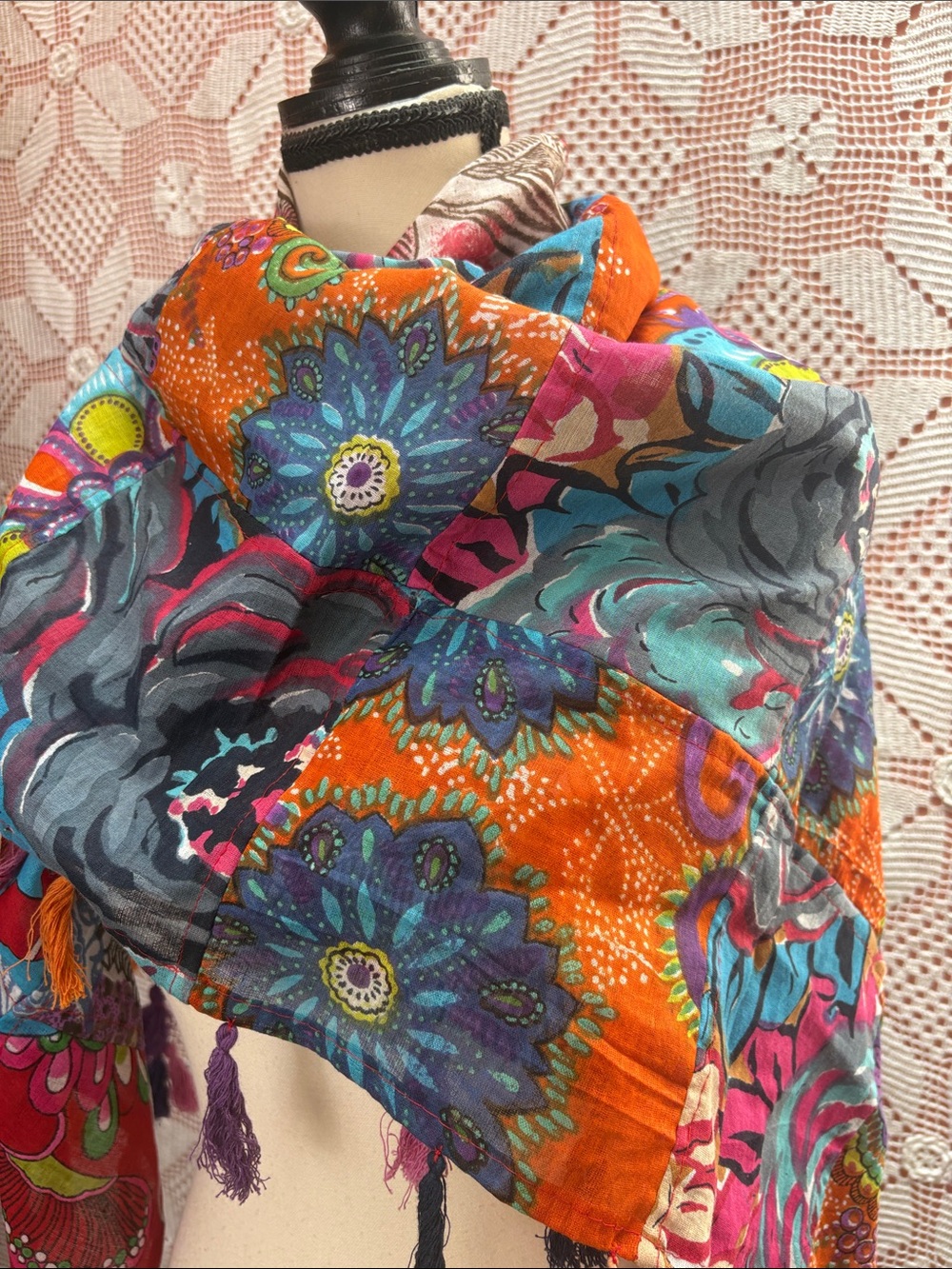 Multicolor Floral Patchwork Fringe Wrap Scarf - Picture 2 of 12